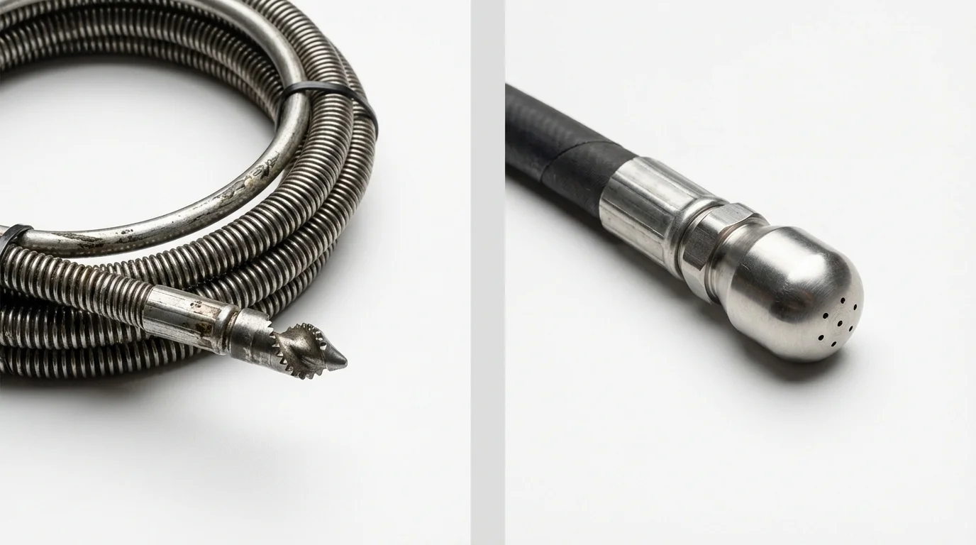 Drain snake cable and hydro jetting nozzle used for drain cleaning in Hopkinton, MA