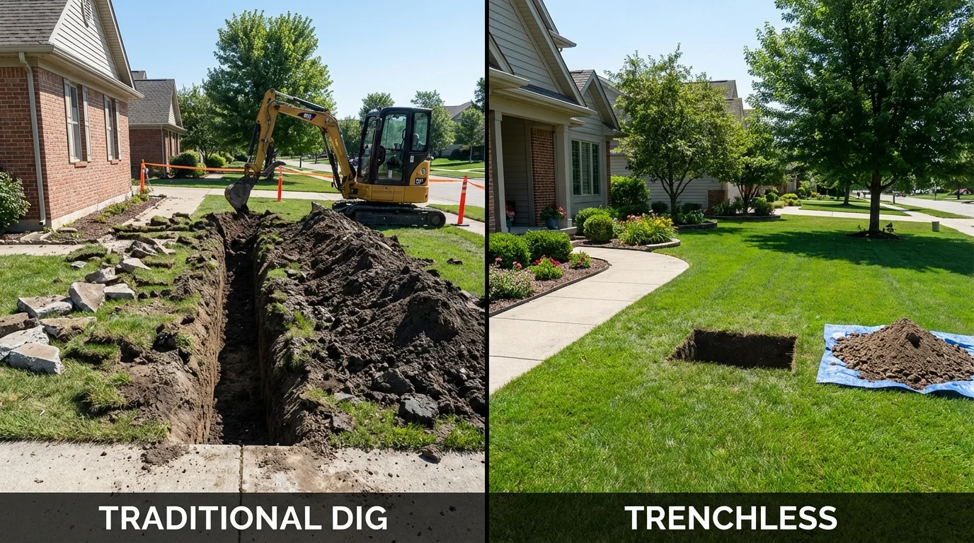 Trenchless sewer repair with minimal yard damage versus traditional excavation in Hopkinton, MA