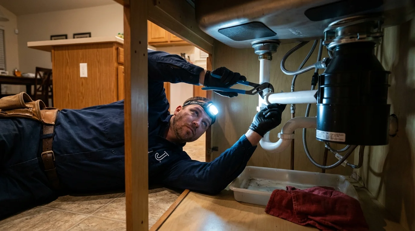 P-trap and supply line connections under a kitchen sink showing a common leak point in Hopkinton, MA